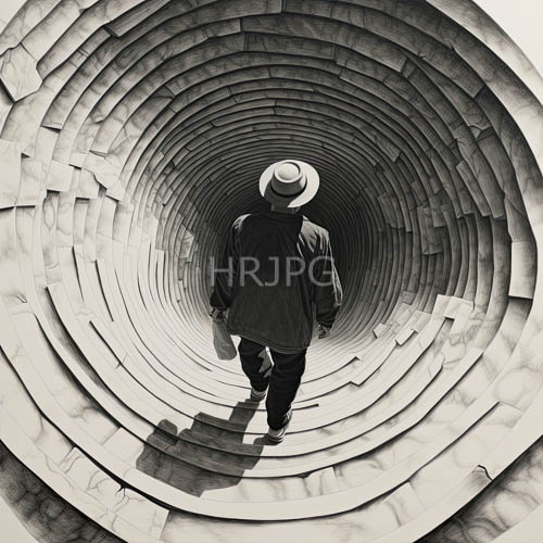 muted gray spiral staircase in ancient weathered stone with somber figure descending