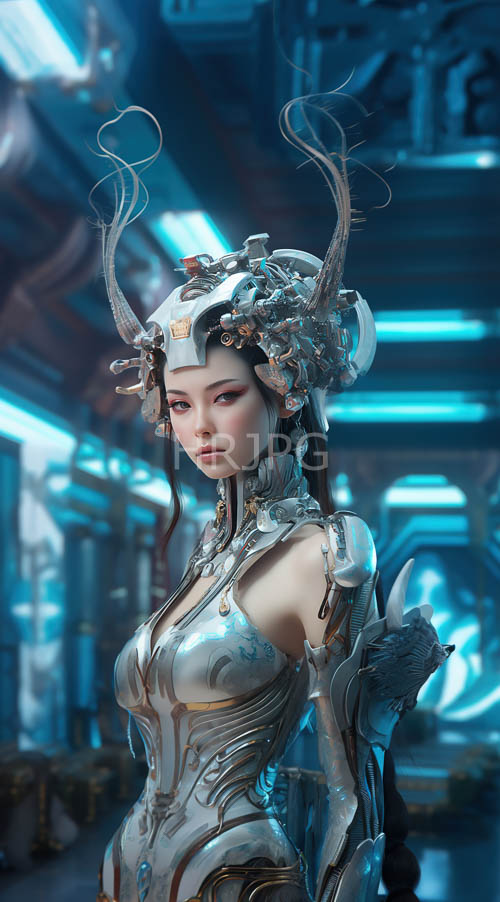 cybernetic womans intricate circuitry glistens under flickering neon glow in abandoned factory