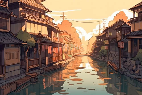 water lilies unfurl towards fading light along weathered wooden canal houses