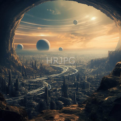 setting suns kaleidoscopic hues illuminate futuristic cityscape amidst rocky terrain