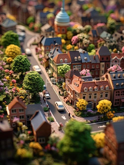 intricately detailed miniature model town unfolds across compact wooden base amidst sunlit scenes