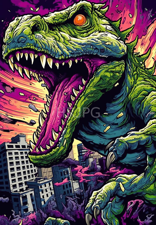 tyrannosaurus rex descends upon concrete and steel metropolises with unyielding ferocity and ancient vigor amidst ravaged cityscapes