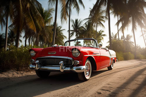 fading sunset illuminates worn convertible on desert road with palm trees
