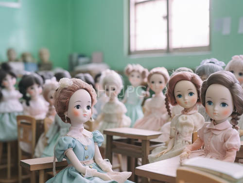 porcelain dolls in pastel dresses sit at wooden desks