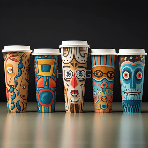 coffee cups in a mysterious swirling abstraction of tropical colors and textures in deep black