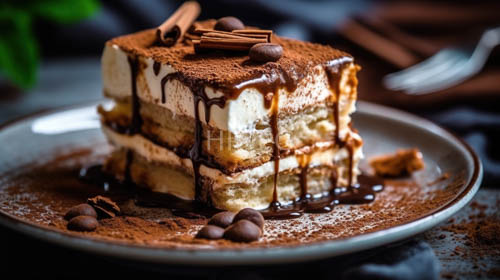 layered cheesecake landscape with chocolate drizzle and hazelnut accents in a rustic wooden setting