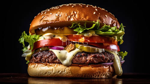 seared sesame buns supporting elaborate cheeseburger with melted cheddar sauce