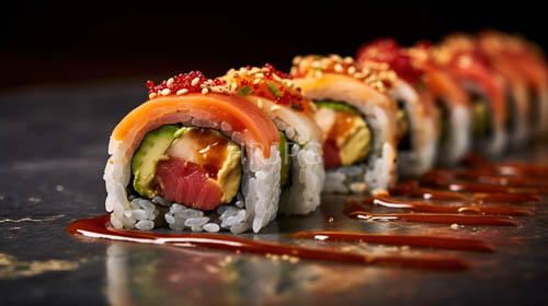 fresh sushi rolls on weathered wooden surface amidst blurred black background