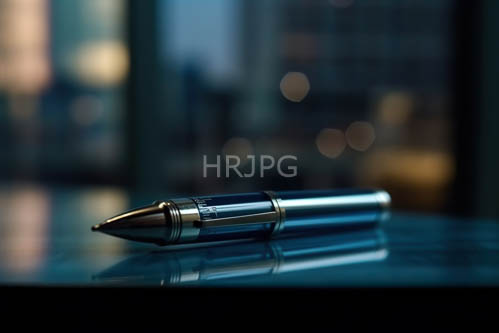 elegant silver and blue fountain pen on glass surface in dimly lit cityscape