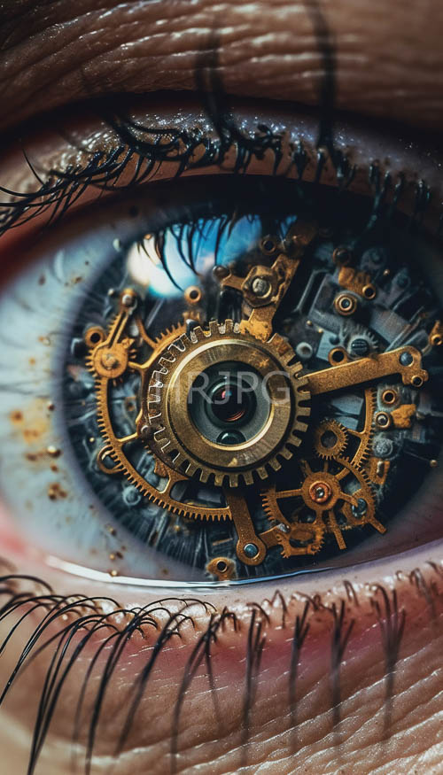 metallic latticework emerges from skin tones in intricate mechanical iris