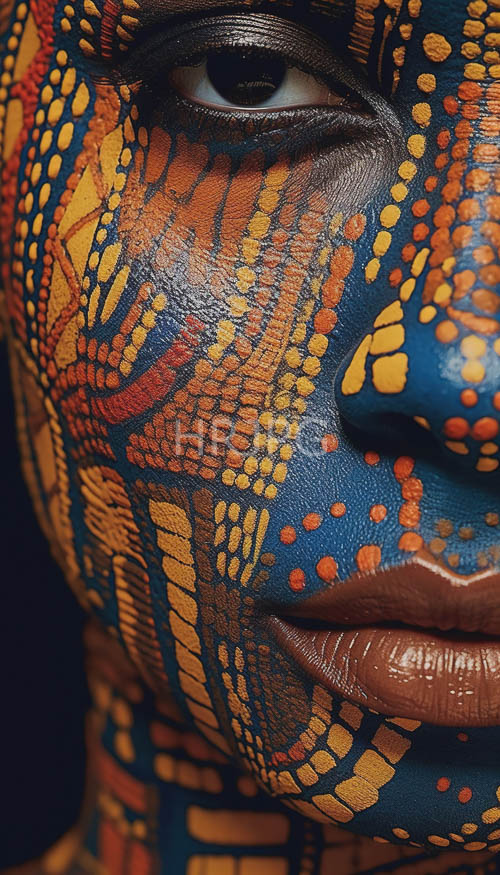 intricately painted saturated blue face with delicate orange and yellow patterns