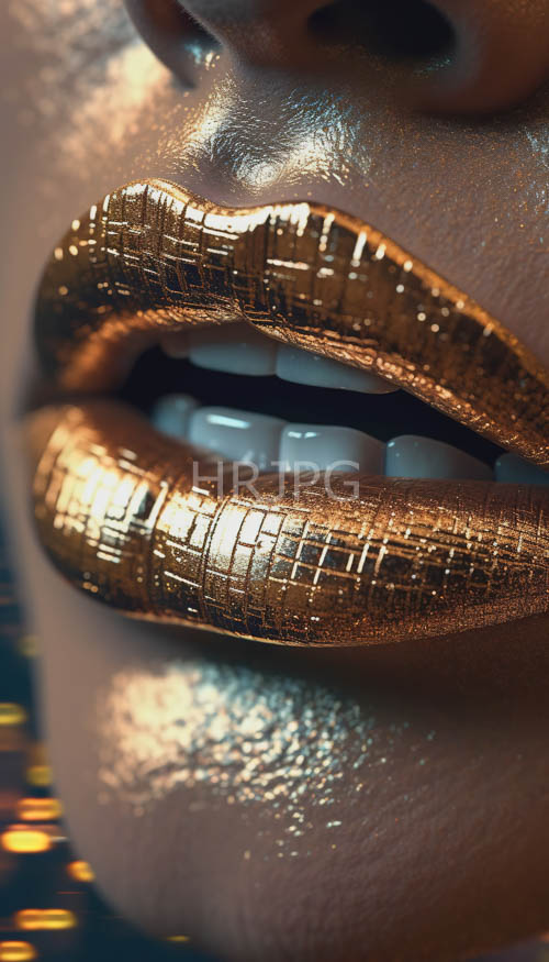 metallic lips curve upward in subtle smile amidst textured skin patterns