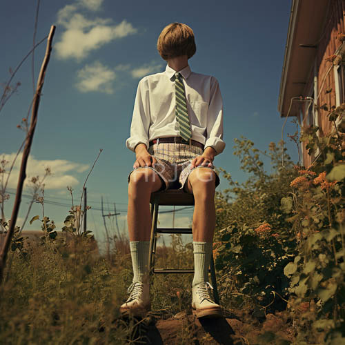 slender legs clad in kneehigh socks extend from beneath plaid shorts in overgrown grassy field