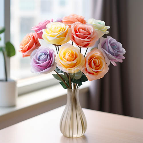 pastel roses in elegant glass vase set amidst soft window light