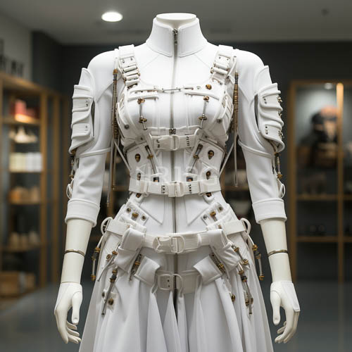 intricate armor encases elegant mannequin amidst dusty wooden frames and dim ambient light