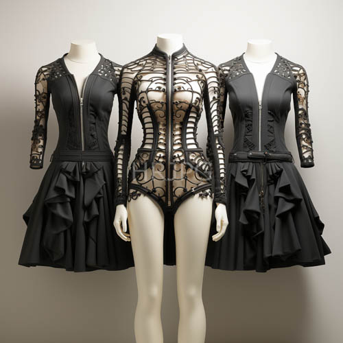 midnight hues draped mannequins showcase intricate lattice details and ruffled skirts