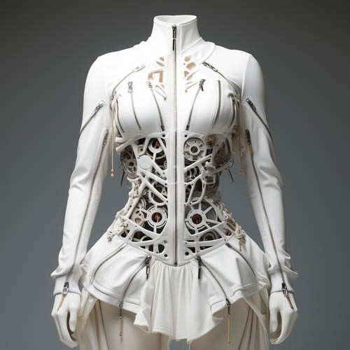 avantgarde fashion converges on intricate geometric leather corset in modernist setting