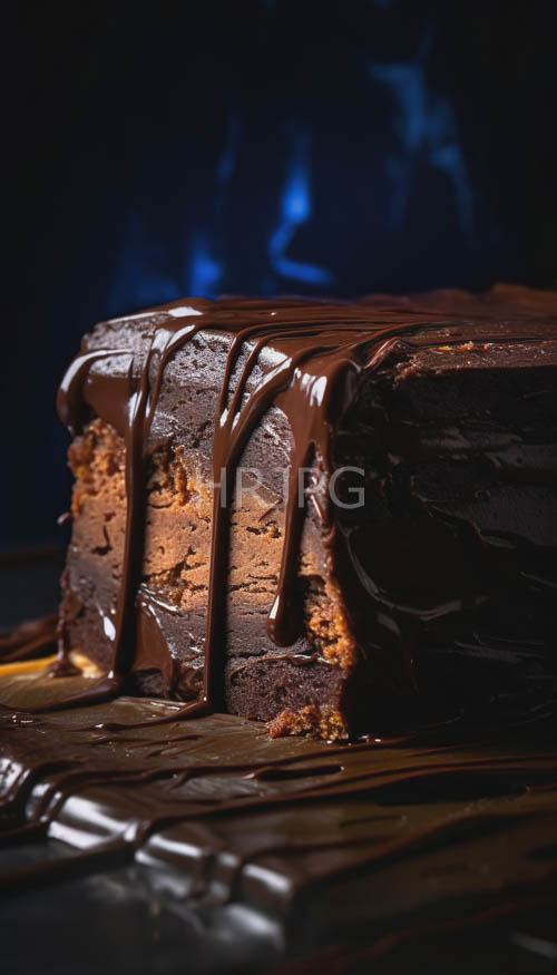decadent chocolate cake layers rise majestically on cerulean blue plate