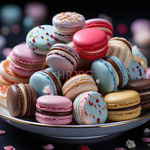 ornate white plate with colorful macarons against dim light