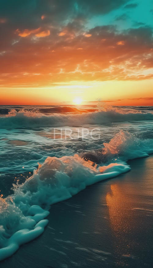 horizon abounds with orange and yellow clouds tendrils stretch across turbulent ocean waves
