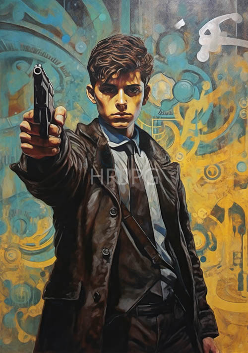 young man holds sleek metallic gun amidst intricate bluegreen gears and supple leather coat