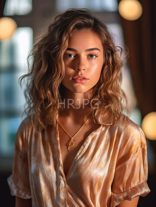 woman framed by intimate orangecream satin and warm ambient light in serene setting