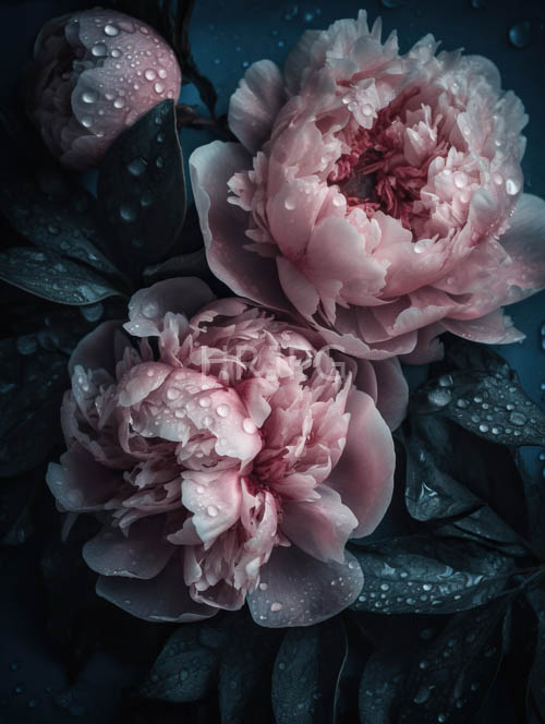 unfurling peonies amidst muted indigo background and delicate water droplets