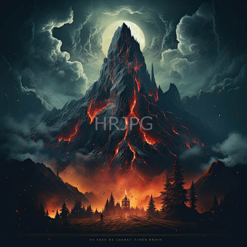 fiery fissures erupt through jagged mountain facades amidst midnightblue clouds