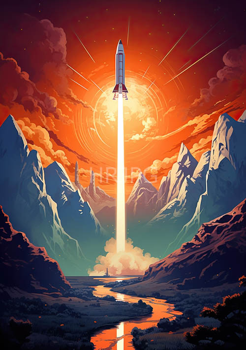 High Resolution: Rocket Ascends Against Orange Red Sunset Over Towering Mountainous Landscape download. | HRJPG.com