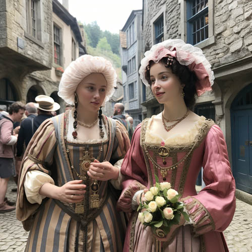 two women in renaissance attire walk cobblestone streets of medieval stone buildings with ornate windows