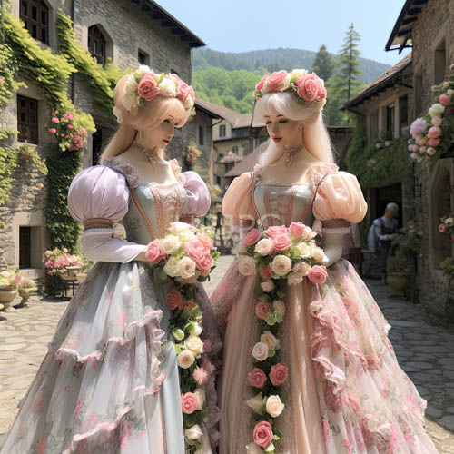 renaissanceinspired dresses showcase intricately woven floral patterns amidst delicate pastel tones