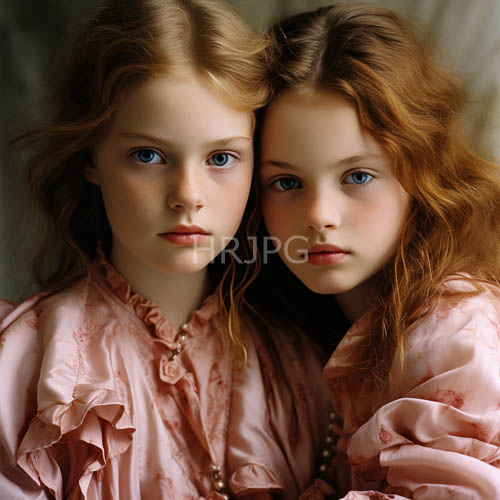 young fairskinned girls with intricate ruffles and voluminous curls in a delicate pink satin setting