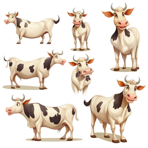 six white and blackspotted cows emerge from monochromatic background with majestic horns and expressive eyes