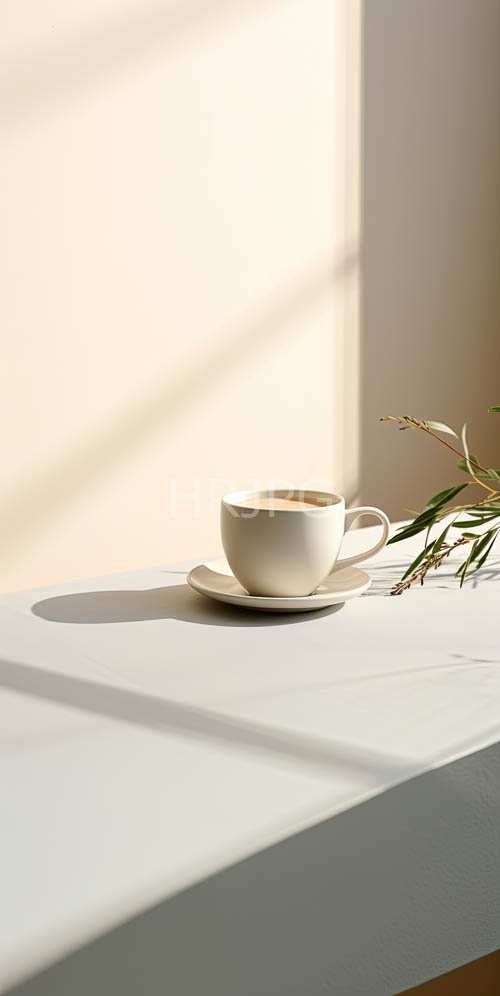 High Resolution: Morning Light on Pristine Tabletop with Delicate Ceramic Pieces and Lush Green Branch download. | HRJPG.com