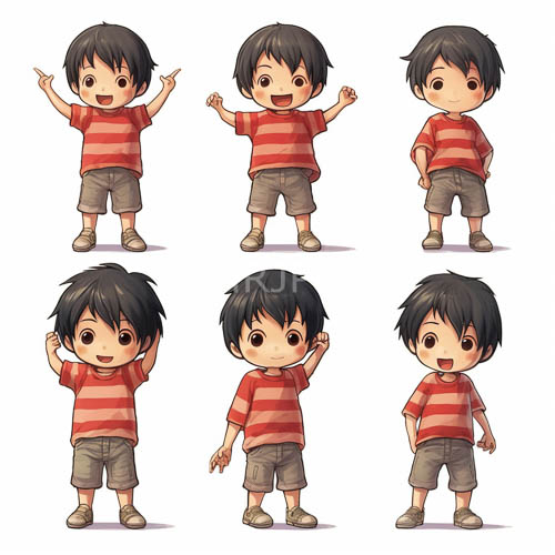 chibistyle boys with luscious black locks and mischievous brown eyes pose in minimalist setting