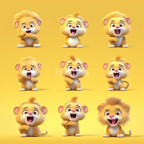 frolicking cartoon lions in gradient orangeyellow background with sunlight filtering through wispy clouds