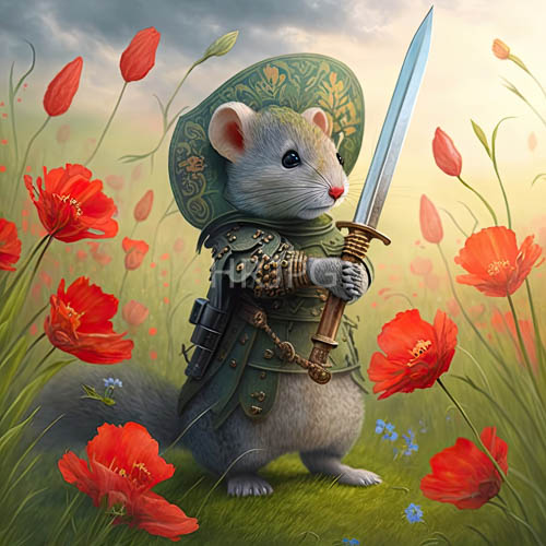 mouse warriors crimson gemstone cloak in medieval field landscape with fading light