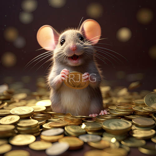 mouse sits atop scattered coins amidst dimly lit bokehlit atmosphere of scattered wealth and delicate features
