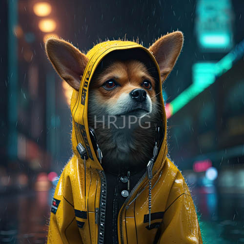 pomeranians yellow raincoat shines against muted cityscape wet streets
