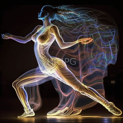 female form unfurls amidst neon tracing lines of blue and yellow hues