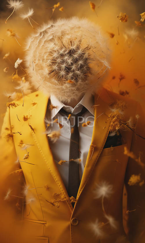 dandelion seeds spill across intricate orange background amidst delicate brown flecks and fluffy yellow suit