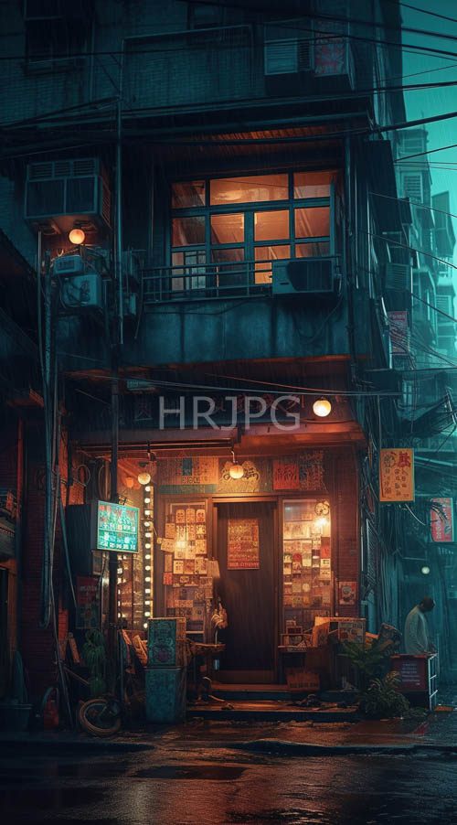 asian restaurant entrance amidst urban alleyway shadows and neon sign reflections