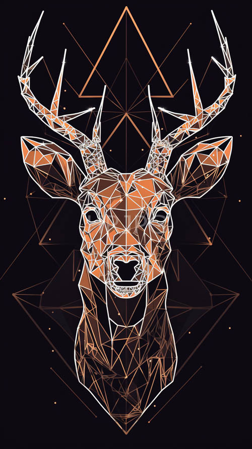 geometric deer skull forms against inky black background with orange hues emanating