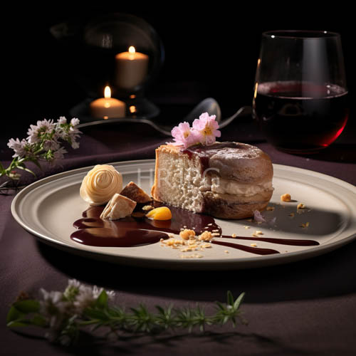 fluffy pancakes on velvet tablecloth with delicate lavender and chocolate accents