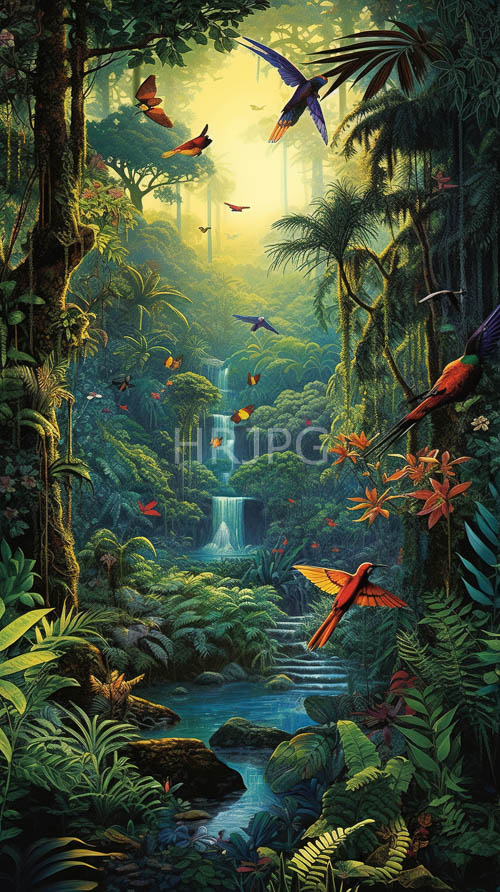 emerald foliage intertwines with gnarled tree trunks in lush canopy jungle setting