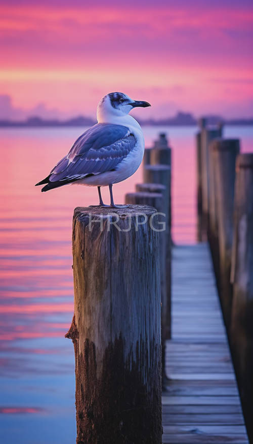 High Resolution: Seagull perches on worn wooden post at lakes edge amidst fading light download. | HRJPG.com