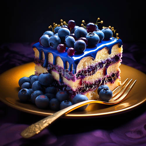 moist blueberry cake layers on dark purple fabric amidst opulent golden accents
