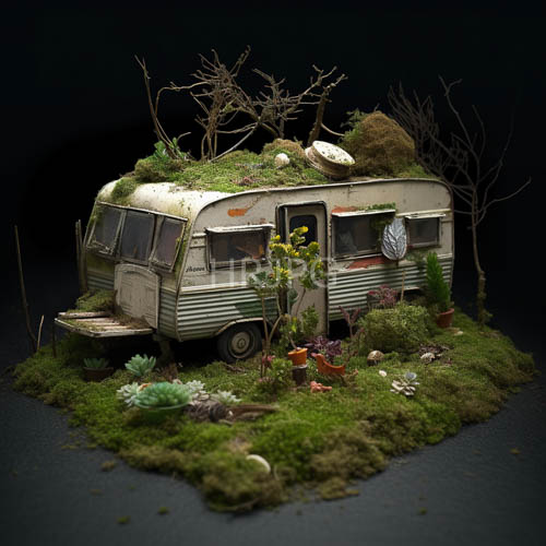 miniature diorama of weathered vintage camper in verdant wilderness setting