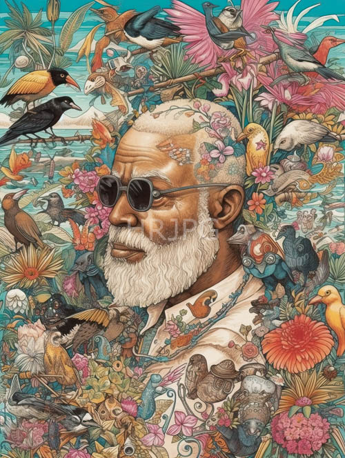 High Resolution: Elderly Black Man Amidst Turquoise Backdrop Amidst Lush Exotic Environment download. | HRJPG.com