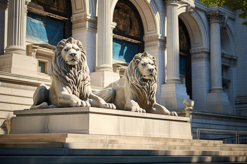 intricately carved stone lion statues resting on pedestals at classical building fa ade